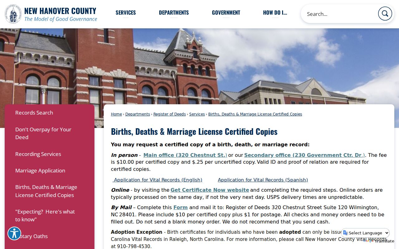 Wilmington resident lookup New Hanover Register of Deeds vital records route