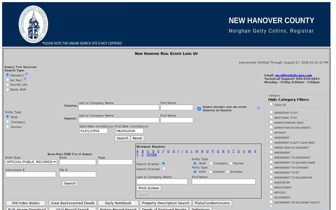 Wilmington residents directory Register of Deeds search controls